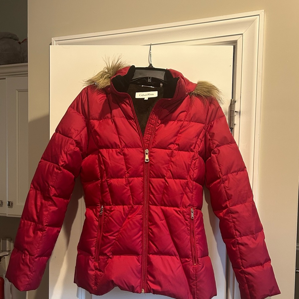 Calvin Klein Cherry Red Puffer Coat with Faux Fur Trim